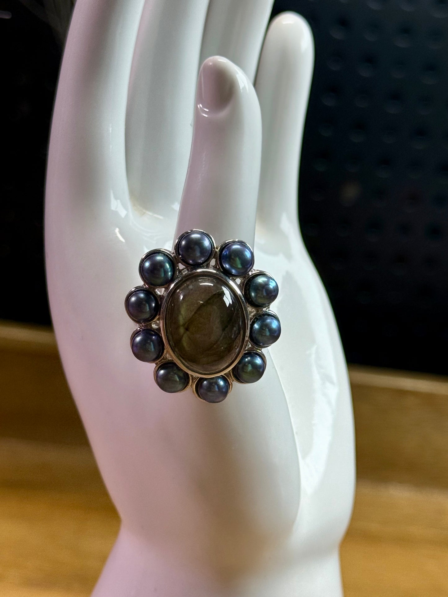 Karis Malagasy Labradorite peacock pearl ring Platinum bond (Size-9)