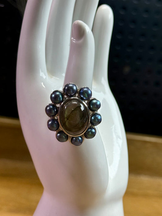 Karis Malagasy Labradorite peacock pearl ring Platinum bond (Size-9)