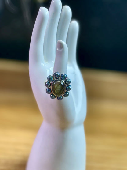 Karis Malagasy Labradorite peacock pearl ring Platinum bond (Size-9)