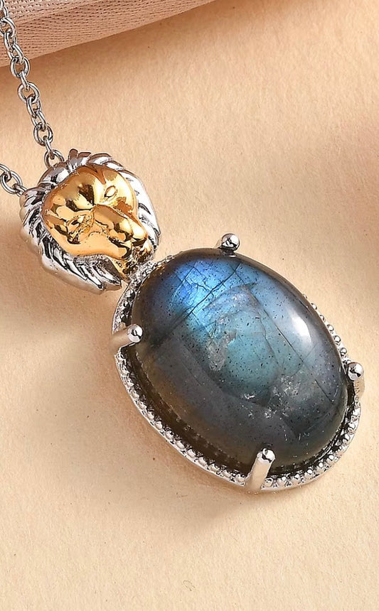 Labradorite lion pendant 18K YG Plated and Platinum Bond (20inches)